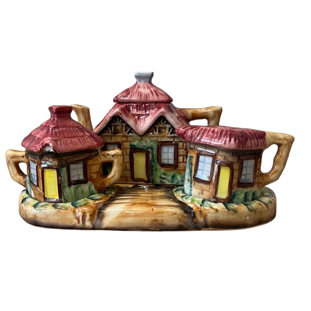 Vintage Ceramic Cottage House Base Tea Pot Set Salt Pepper Toothpick Holder 5 Pc